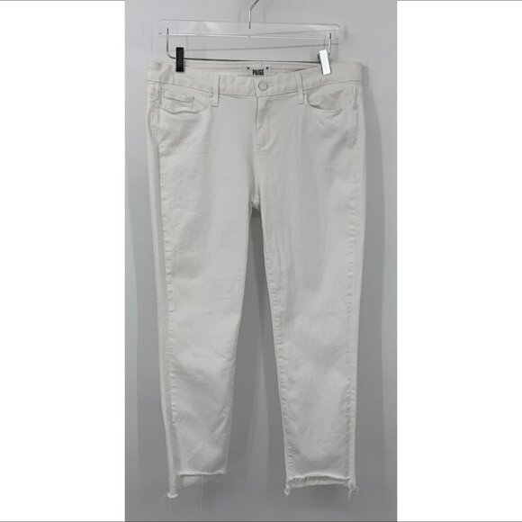 Paige Skyline Ankle peg jeans denim white stretch raw frayed step hem women 32 - Picture 2 of 7